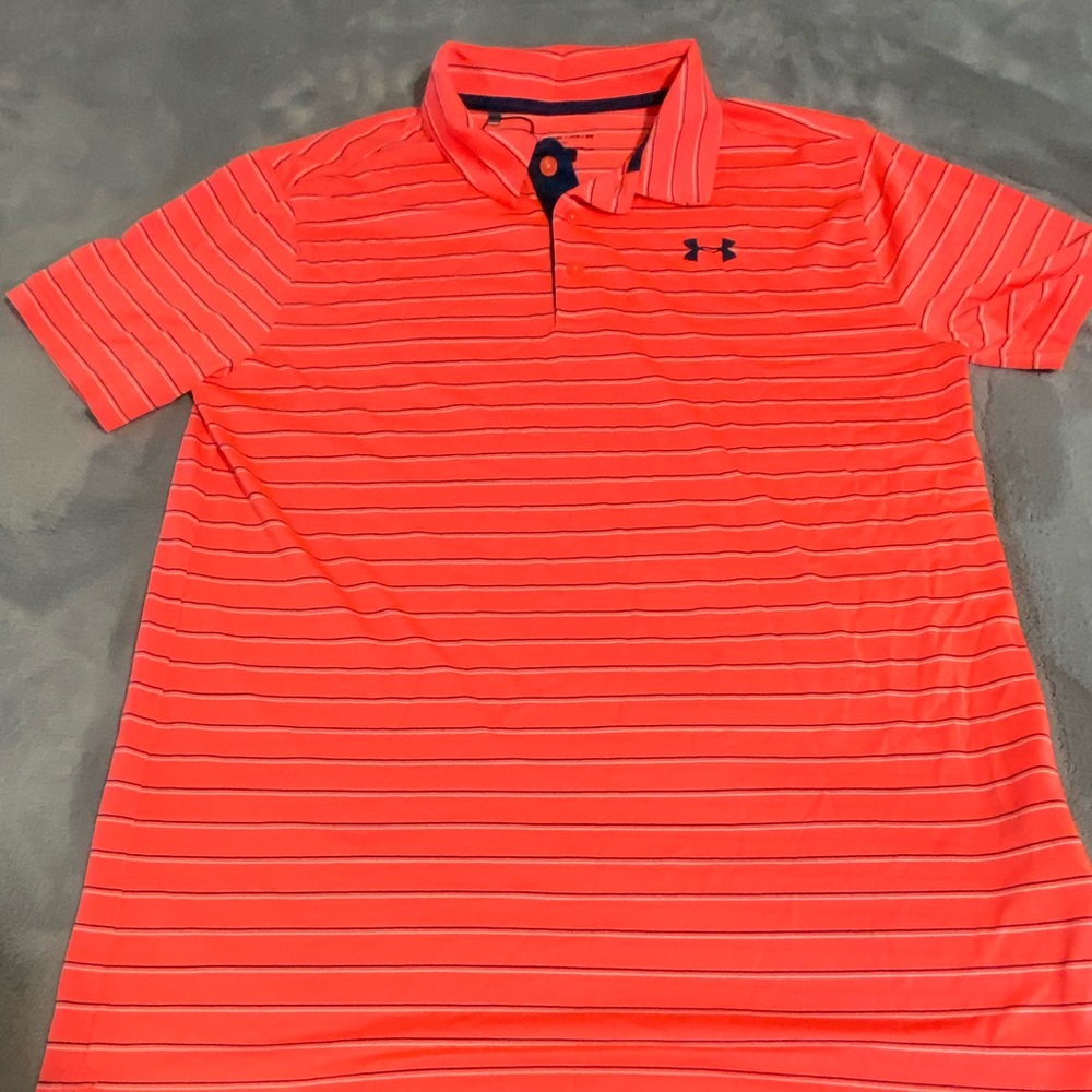 Under Armour Polo Golf Shirt YLG bright orange with thin black strips